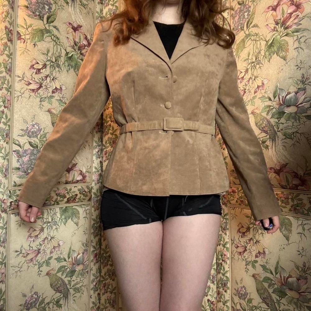 Vintage Lilli Ann Adolph Schuman Brown Caramel Suede Belted Jacket 1960s Retro